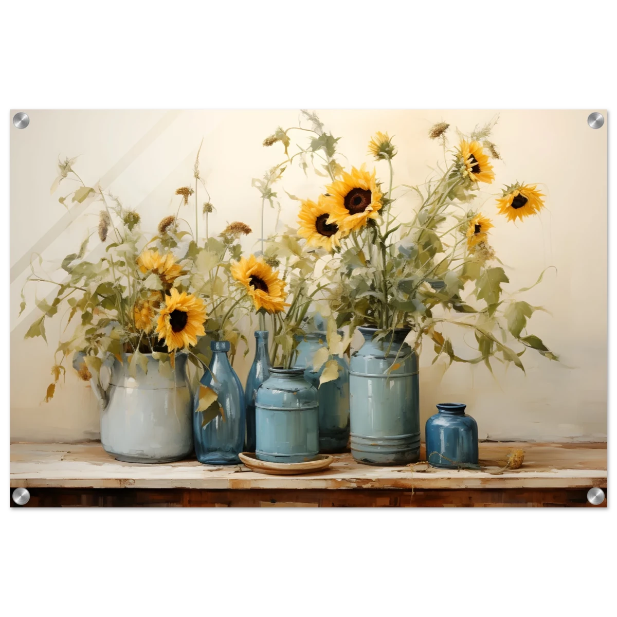 Sunlit Harmony – Sunflowers in Blue Vases Still Life Wall Art Print - Acrylic Print - 50x75 cm / 20x30″ -