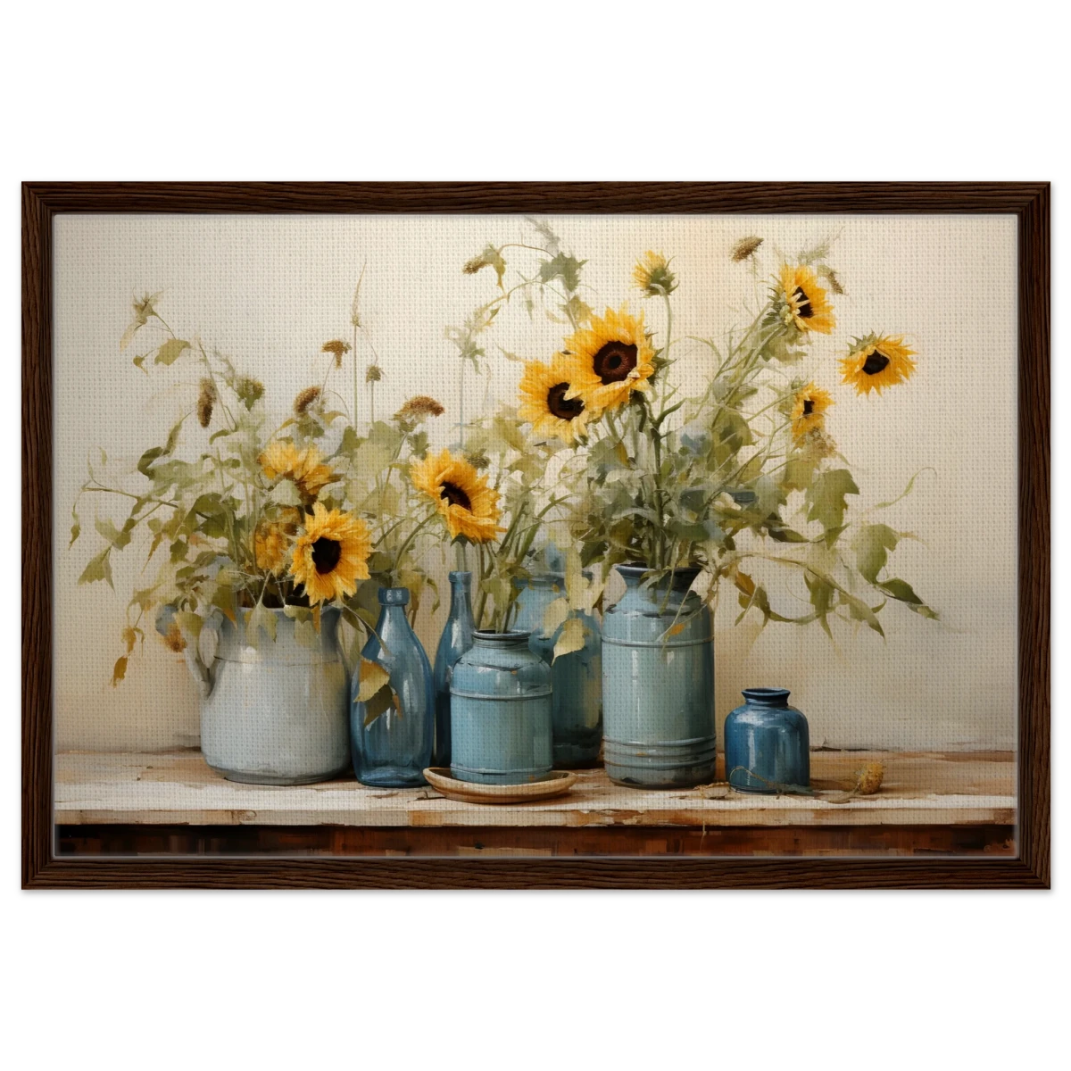 Sunlit Harmony – Sunflowers in Blue Vases Still Life Wall Art Print - Framed Canvas - 50x75 cm / 20x30″ - Dark wood frame