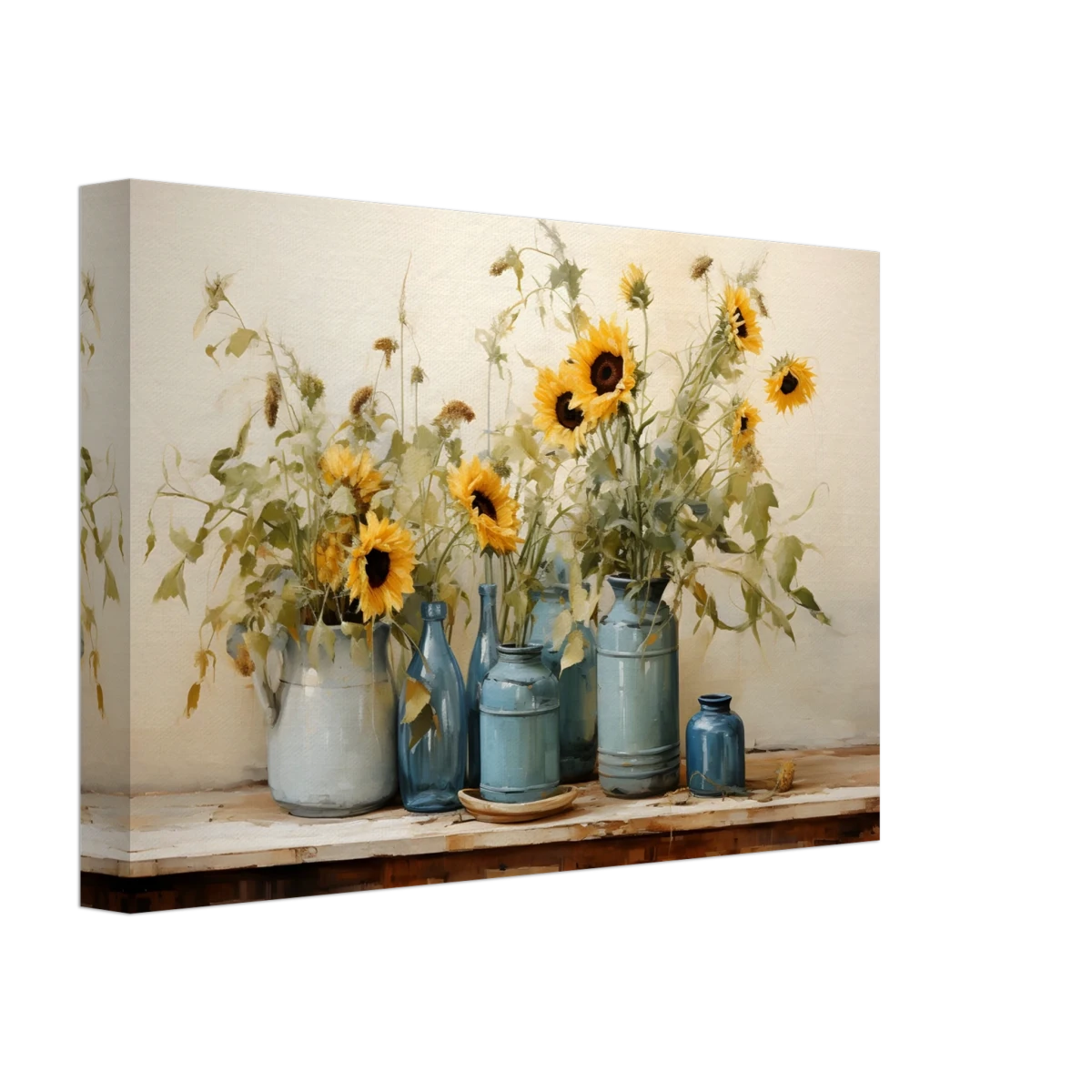 Sunlit Harmony – Sunflowers in Blue Vases Still Life Wall Art Print - Canvas - 20x30 cm / 8x12″ -