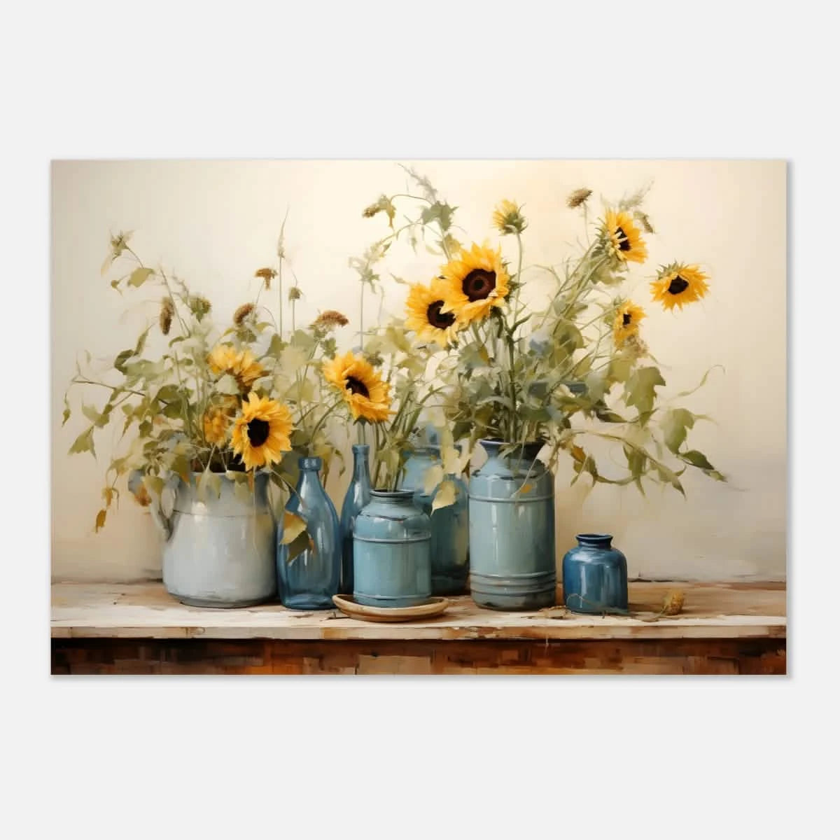 Sunlit Harmony – Sunflowers in Blue Vases Still Life Wall Art Print - Aluminum Print - 70x100 cm / 28x40″ -