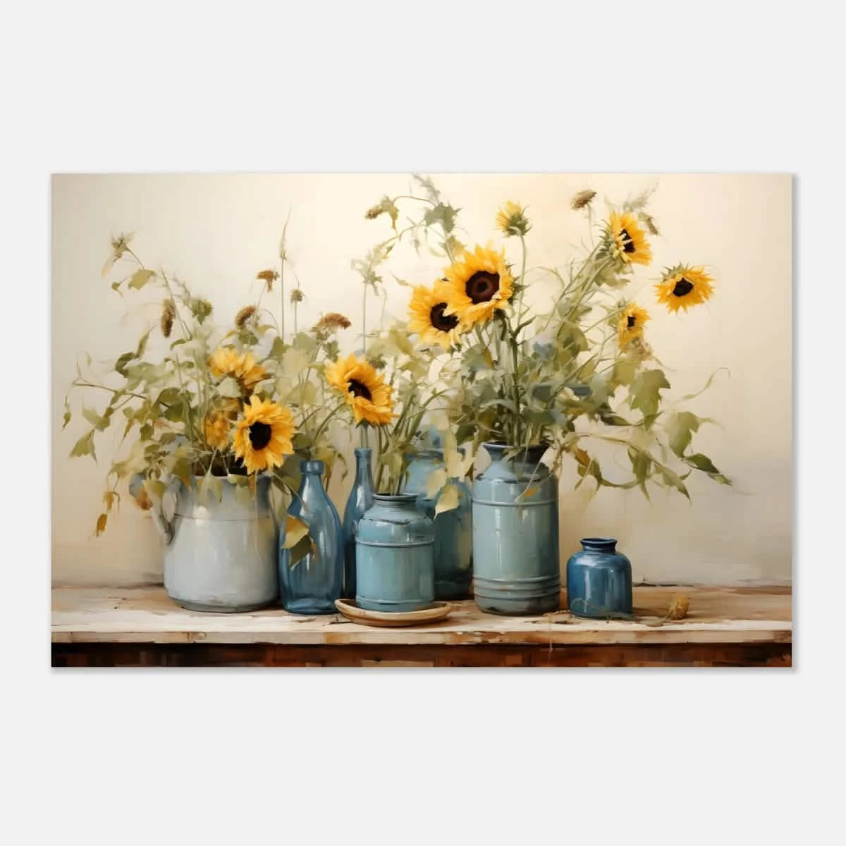 Sunlit Harmony – Sunflowers in Blue Vases Still Life Wall Art Print - Aluminum Print - 60x90 cm / 24x36″ -