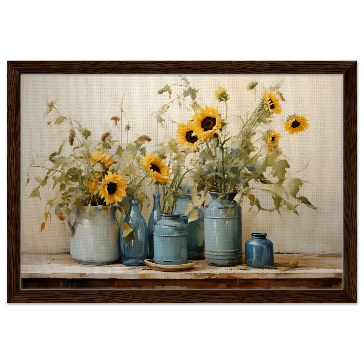Sunlit Harmony – Sunflowers in Blue Vases Still Life Wall Art Print - Framed Canvas - 40x60 cm / 16x24″ - Dark wood frame