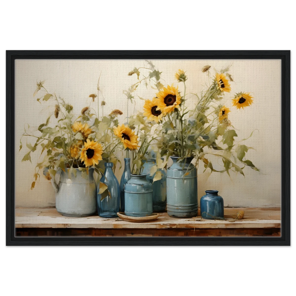 Sunlit Harmony – Sunflowers in Blue Vases Still Life Wall Art Print - Framed Canvas - 50x75 cm / 20x30″ - Black frame