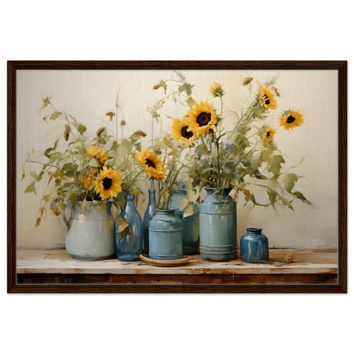 Sunlit Harmony – Sunflowers in Blue Vases Still Life Wall Art Print - Framed Canvas - 60x90 cm / 24x36″ - Dark wood frame