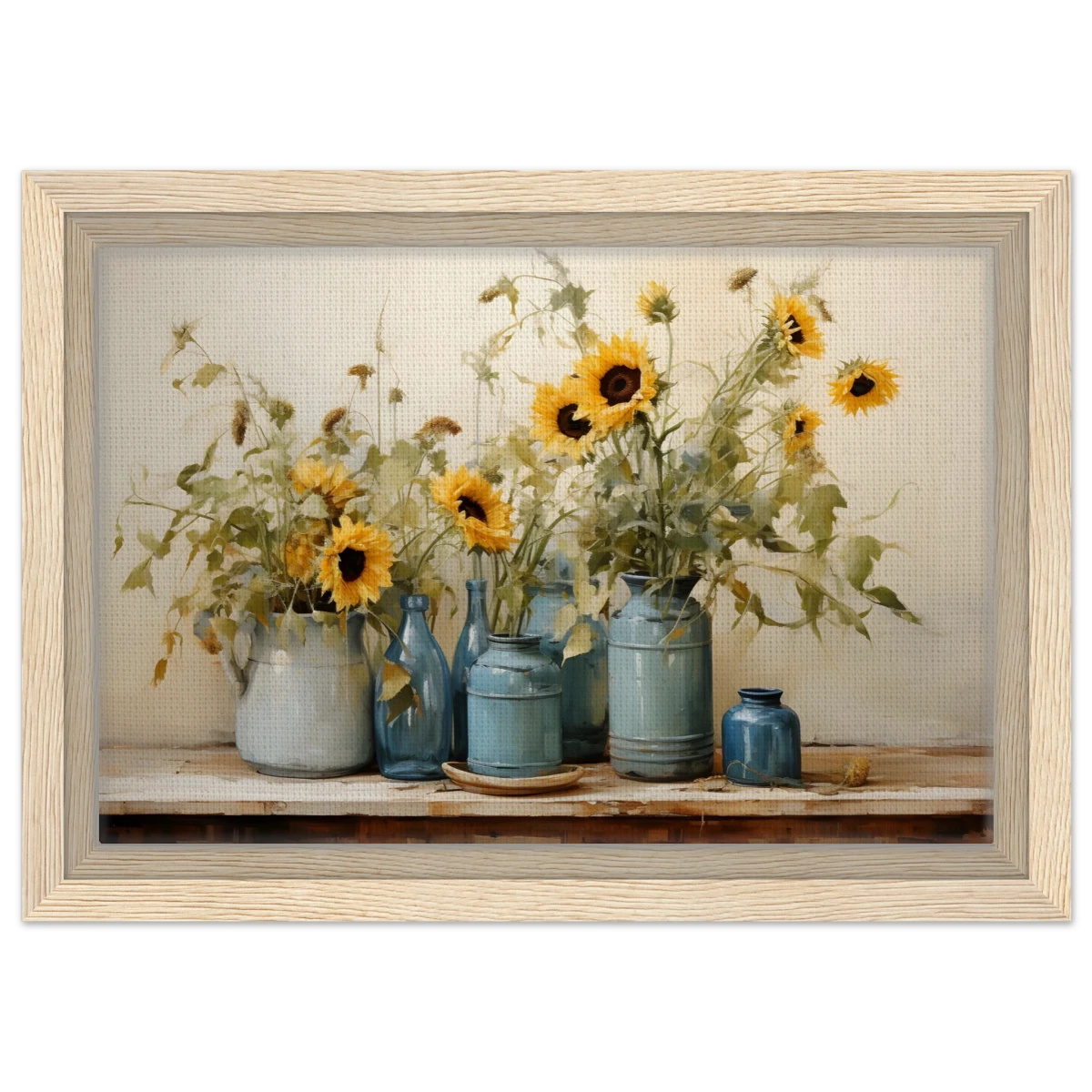 Sunlit Harmony – Sunflowers in Blue Vases Still Life Wall Art Print - Framed Canvas - 20x30 cm / 8x12″ - Wood frame