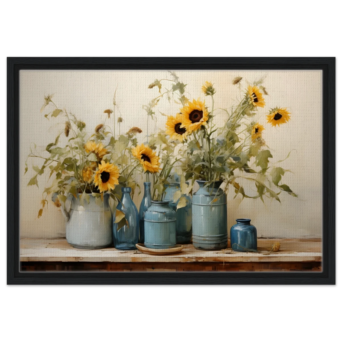 Sunlit Harmony – Sunflowers in Blue Vases Still Life Wall Art Print - Framed Canvas - 40x60 cm / 16x24″ - Black frame