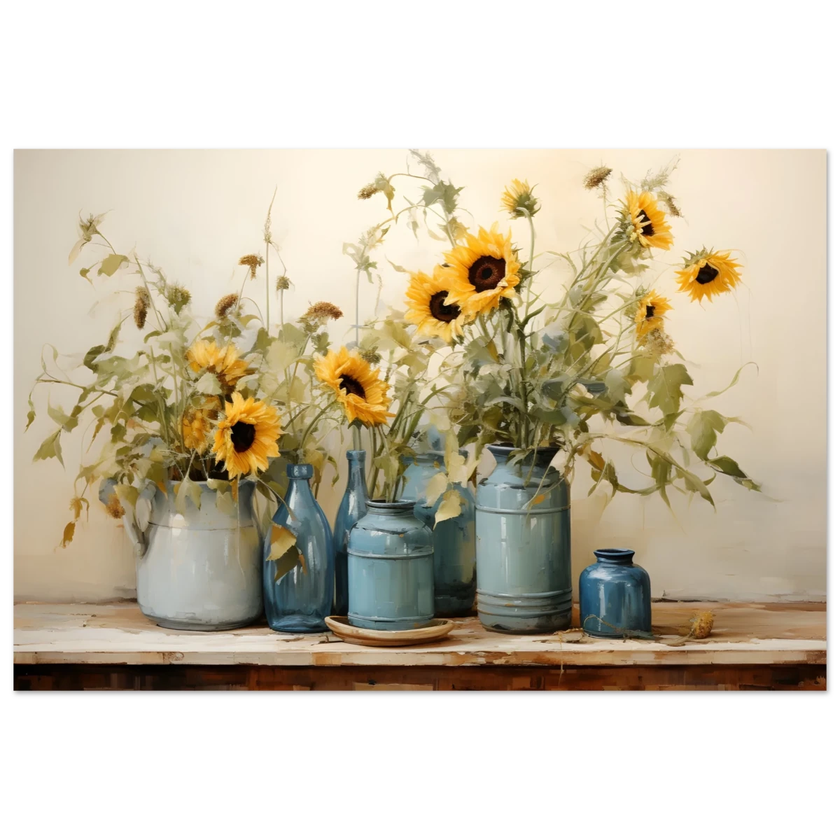 Sunlit Harmony – Sunflowers in Blue Vases Still Life Wall Art Print - Fine Art Poster - 60x90 cm / 24x36″ -