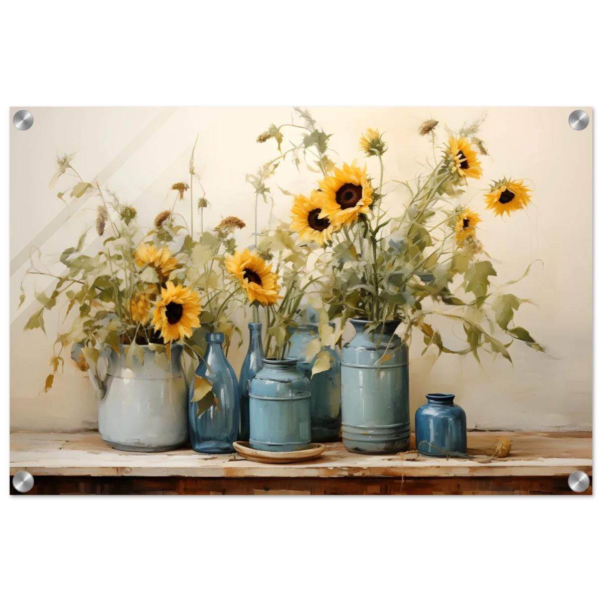 Sunlit Harmony – Sunflowers in Blue Vases Still Life Wall Art Print - Acrylic Print - 40x60 cm / 16x24″ -