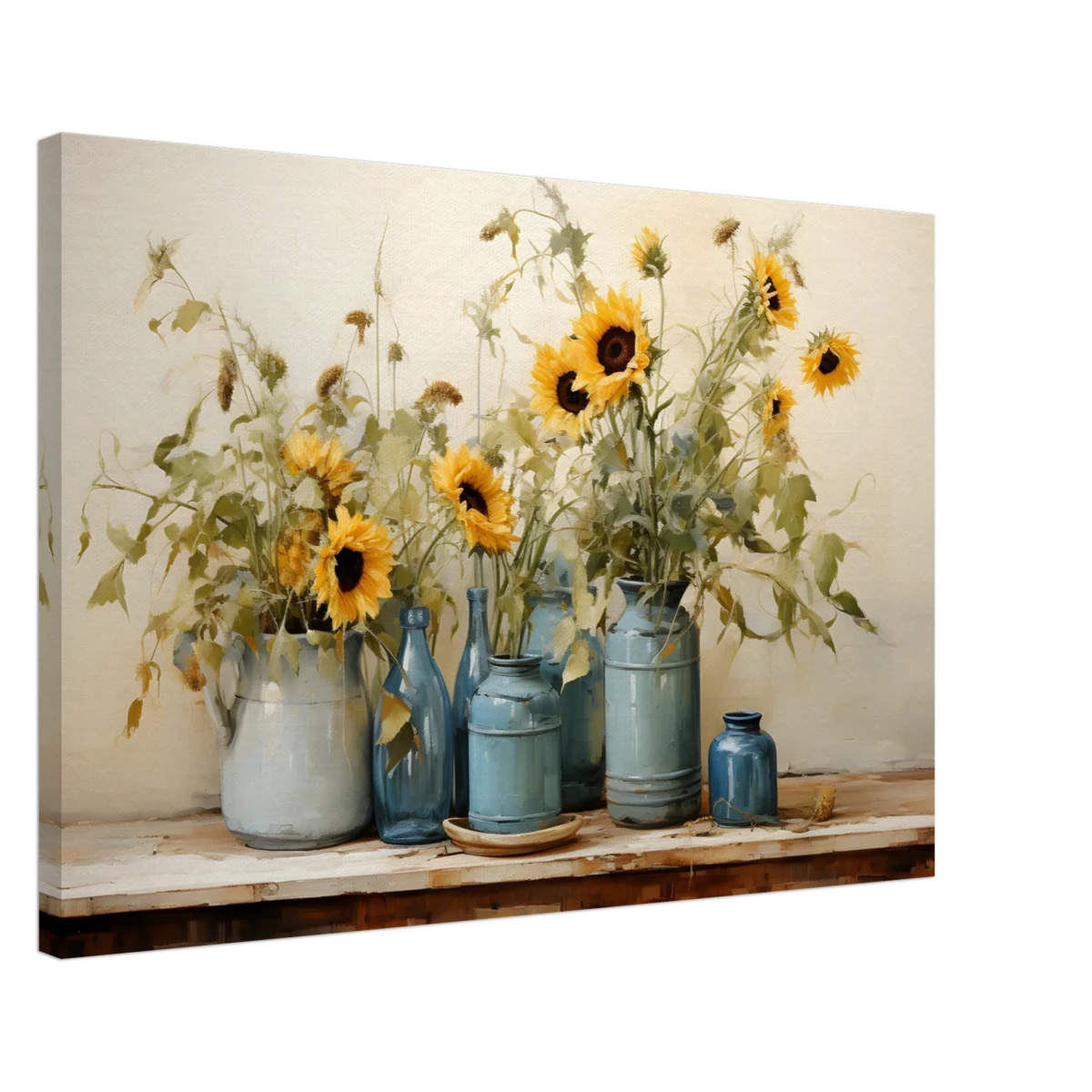 Sunlit Harmony – Sunflowers in Blue Vases Still Life Wall Art Print - Canvas - 50x75 cm / 20x30″ -