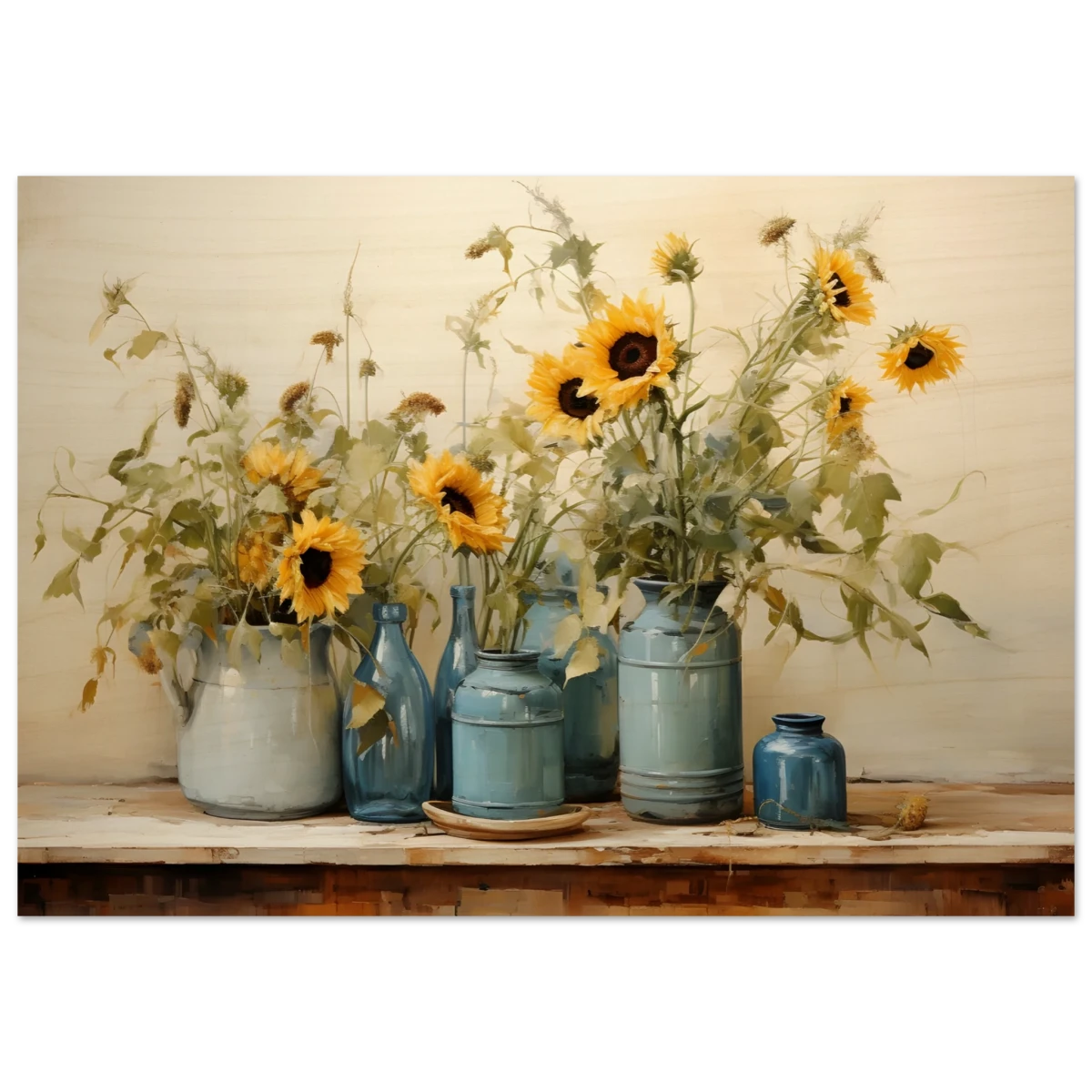 Sunlit Harmony – Sunflowers in Blue Vases Still Life Wall Art Print - Wood Prints - 70x100 cm / 28x40″ -