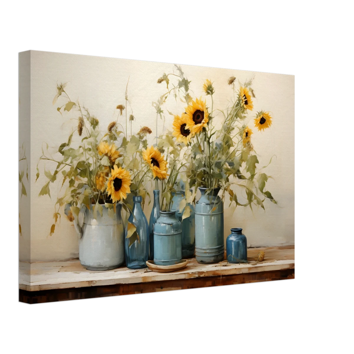 Sunlit Harmony – Sunflowers in Blue Vases Still Life Wall Art Print - Canvas - 30x45 cm / 12x18″ -