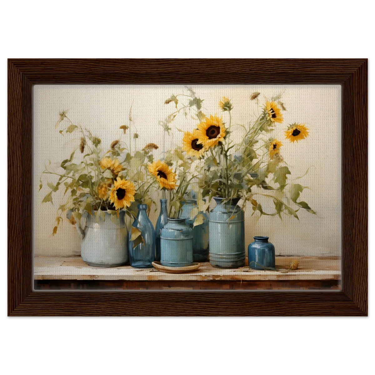 Sunlit Harmony – Sunflowers in Blue Vases Still Life Wall Art Print - Framed Canvas - 20x30 cm / 8x12″ - Dark wood frame