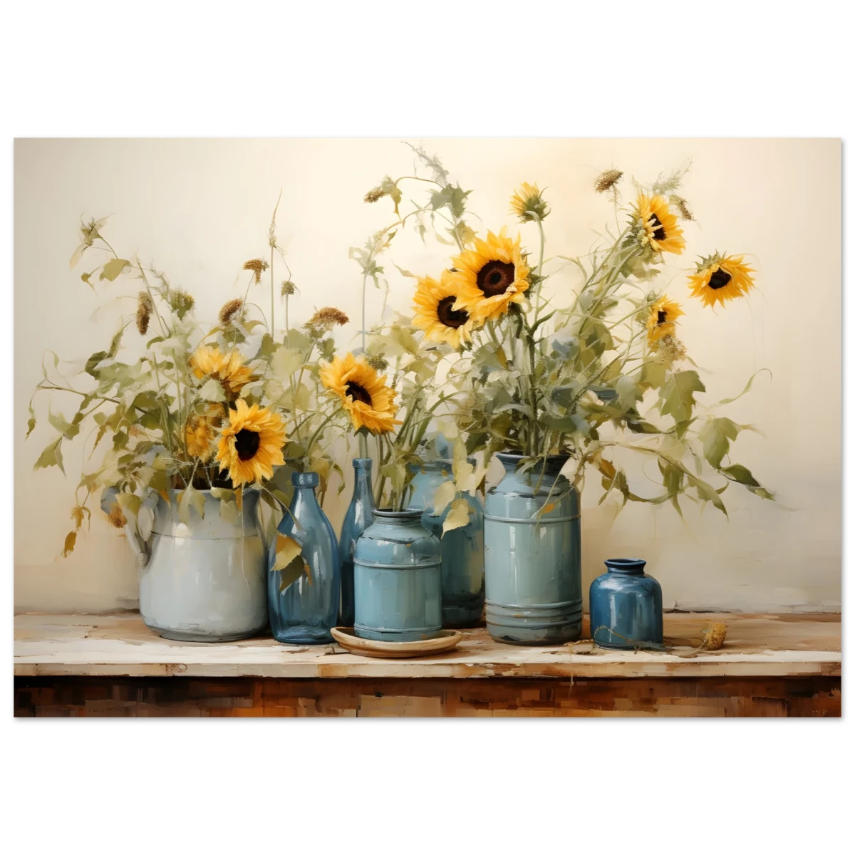 Sunlit Harmony – Sunflowers in Blue Vases Still Life Wall Art Print - Fine Art Poster - 70x100 cm / 28x40″ -