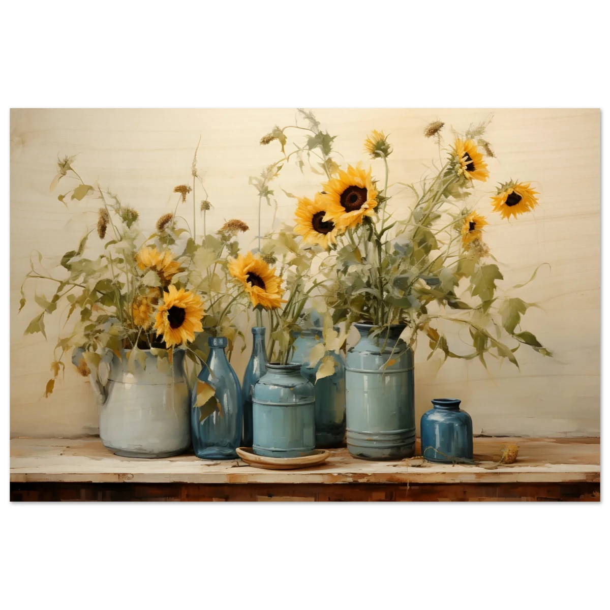 Sunlit Harmony – Sunflowers in Blue Vases Still Life Wall Art Print - Wood Prints - 50x75 cm / 20x30″ -