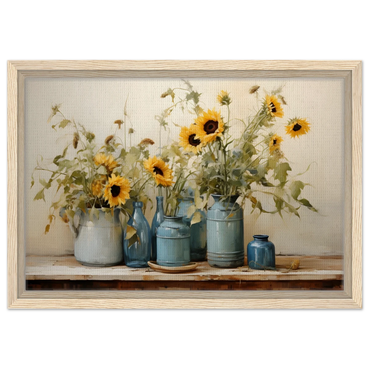 Sunlit Harmony – Sunflowers in Blue Vases Still Life Wall Art Print - Framed Canvas - 30x45 cm / 12x18″ - Wood frame