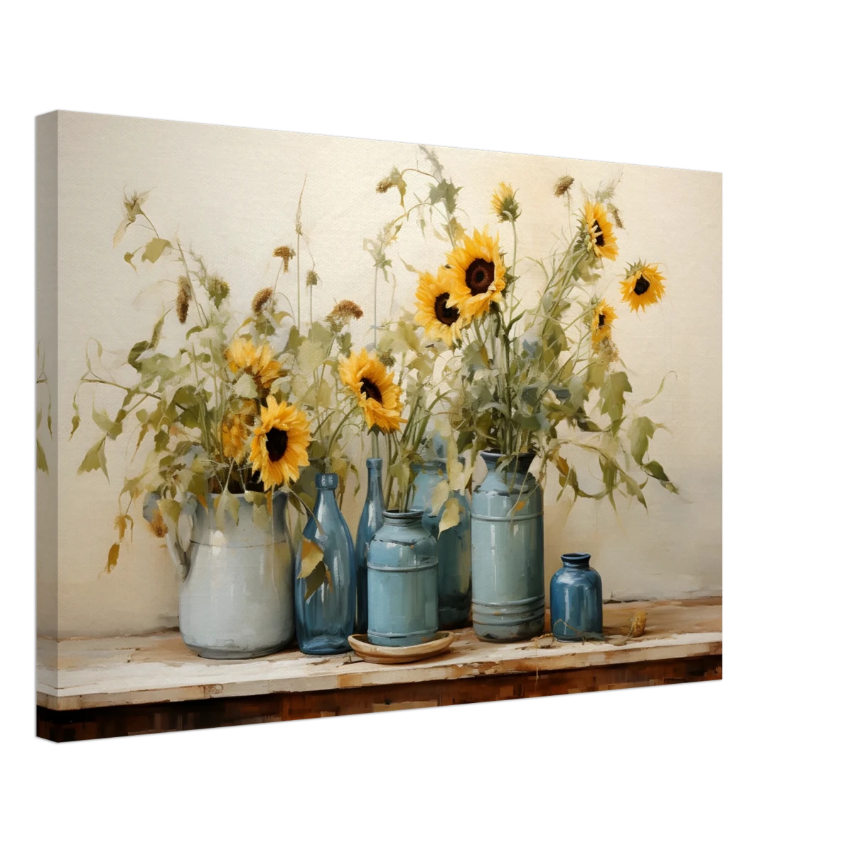 Sunlit Harmony – Sunflowers in Blue Vases Still Life Wall Art Print - Canvas - 40x60 cm / 16x24″ -
