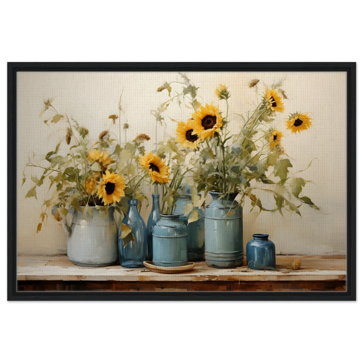 Sunlit Harmony – Sunflowers in Blue Vases Still Life Wall Art Print - Framed Canvas - 60x90 cm / 24x36″ - Black frame