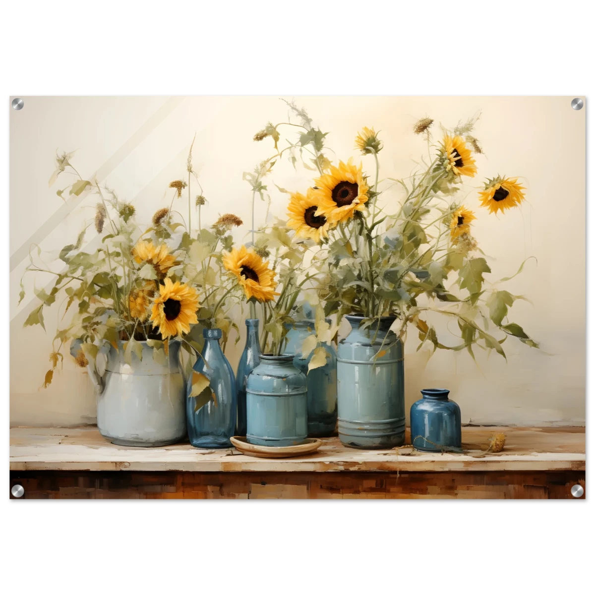 Sunlit Harmony – Sunflowers in Blue Vases Still Life Wall Art Print - Acrylic Print - 70x100 cm / 28x40″ -