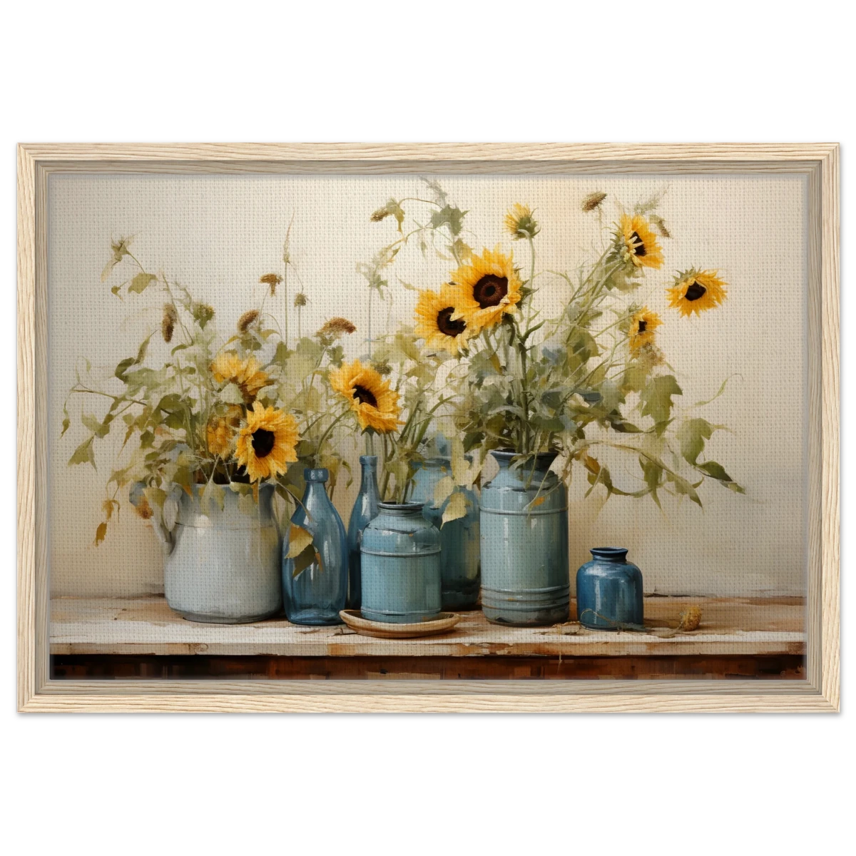 Sunlit Harmony – Sunflowers in Blue Vases Still Life Wall Art Print - Framed Canvas - 40x60 cm / 16x24″ - Wood frame