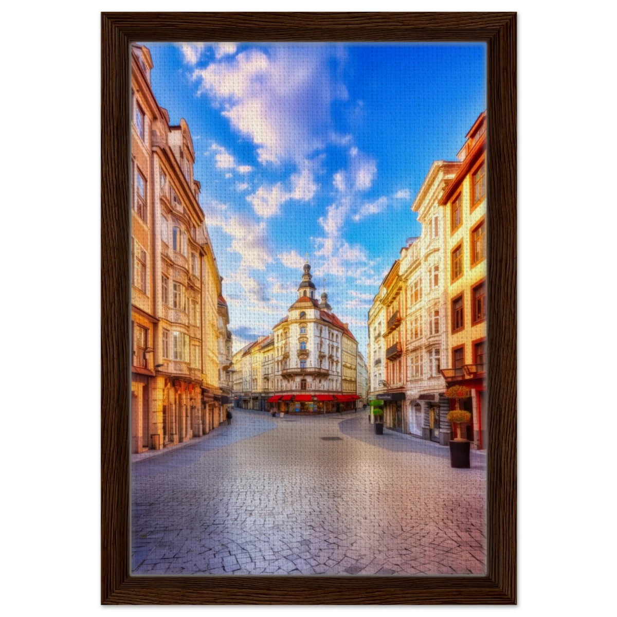 “Sunrise in the Old Town” – European Street Scene Wall Art Print - Framed Canvas - 30x45 cm / 12x18″ - Dark wood frame