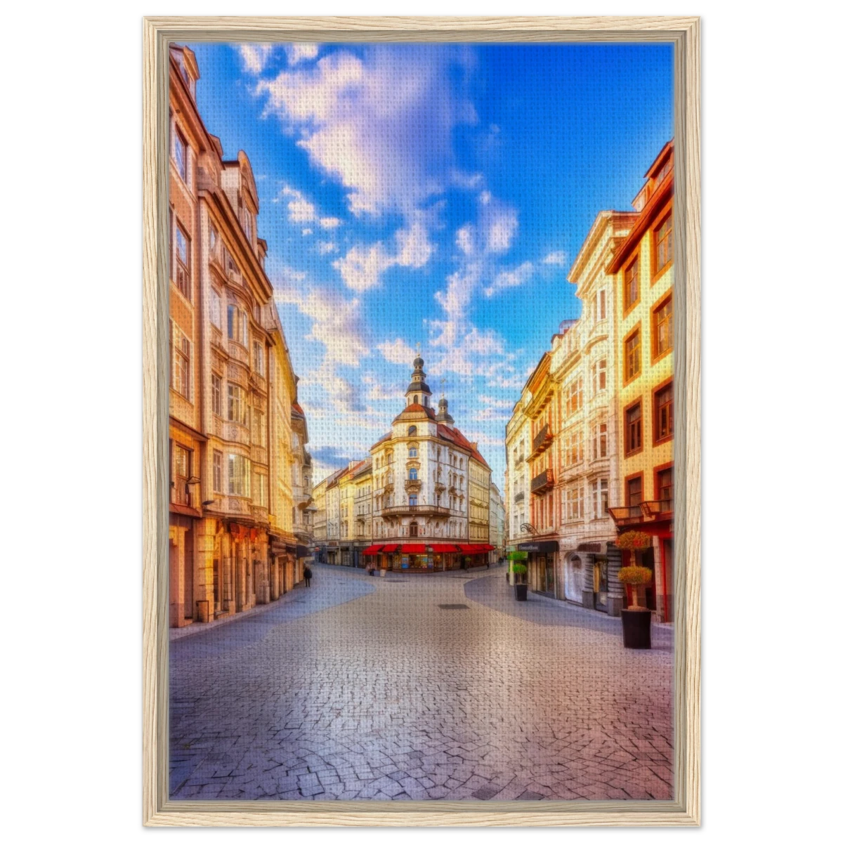 “Sunrise in the Old Town” – European Street Scene Wall Art Print - Framed Canvas - 50x75 cm / 20x30″ - Wood frame