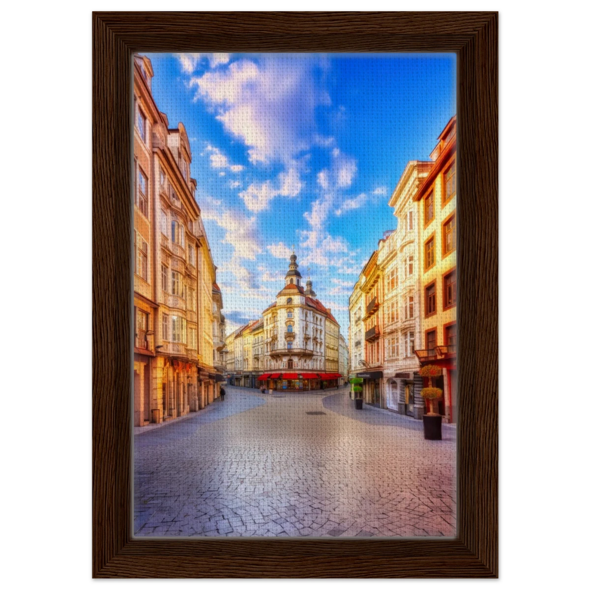 “Sunrise in the Old Town” – European Street Scene Wall Art Print - Framed Canvas - 20x30 cm / 8x12″ - Dark wood frame
