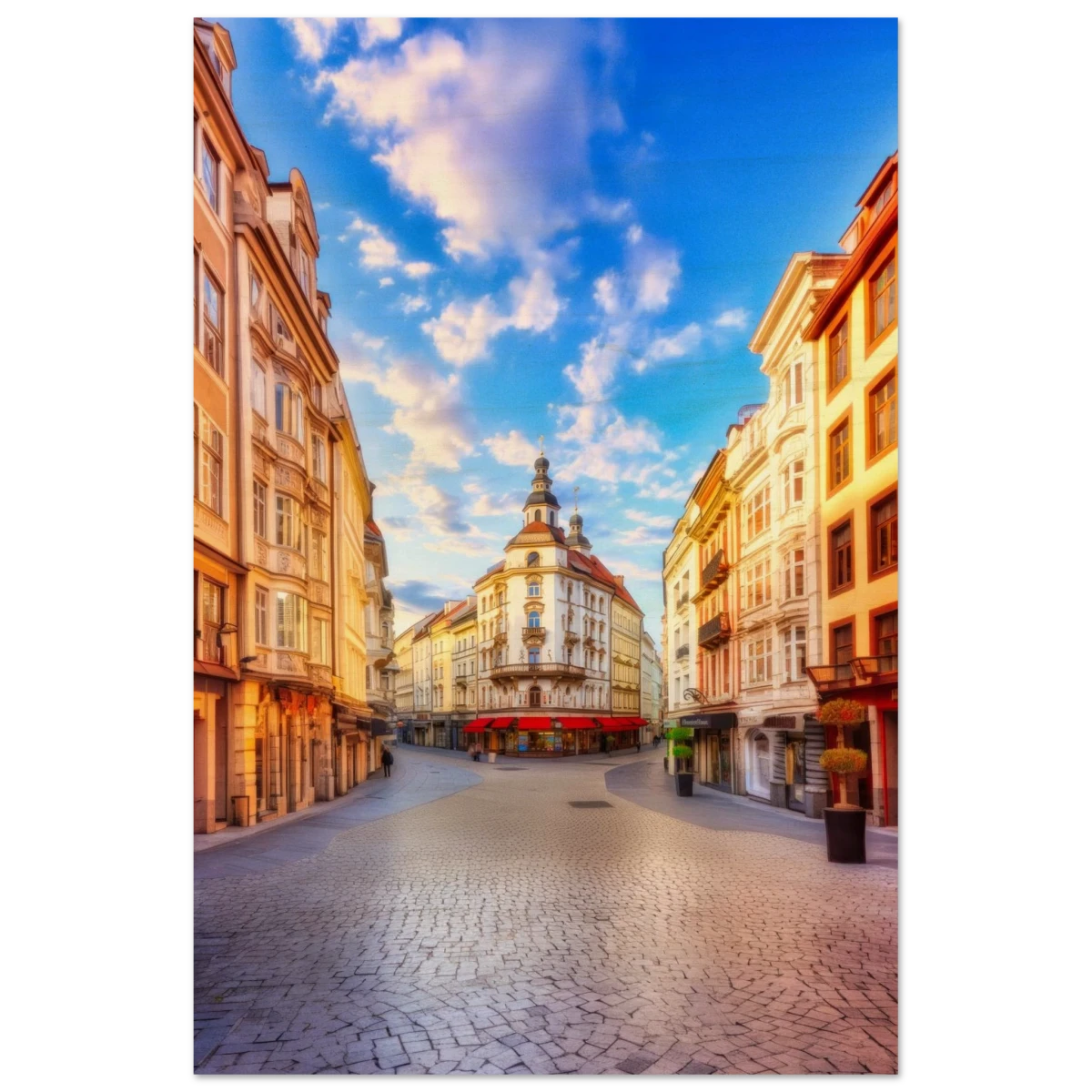 “Sunrise in the Old Town” – European Street Scene Wall Art Print - Wood Prints - 60x90 cm / 24x36″ -