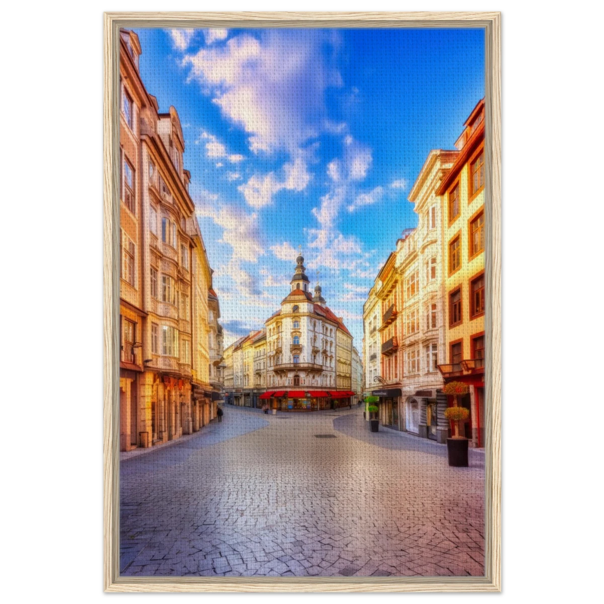 “Sunrise in the Old Town” – European Street Scene Wall Art Print - Framed Canvas - 60x90 cm / 24x36″ - Wood frame