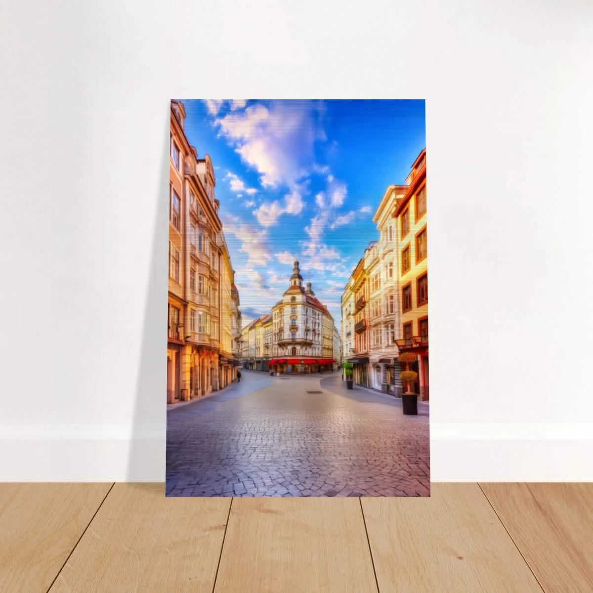 “Sunrise in the Old Town” – European Street Scene Wall Art Print - Brushed Aluminum Print - 60x90 cm / 24x36″ -