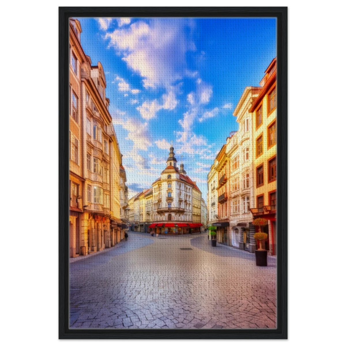 “Sunrise in the Old Town” – European Street Scene Wall Art Print - Framed Canvas - 50x75 cm / 20x30″ - Black frame