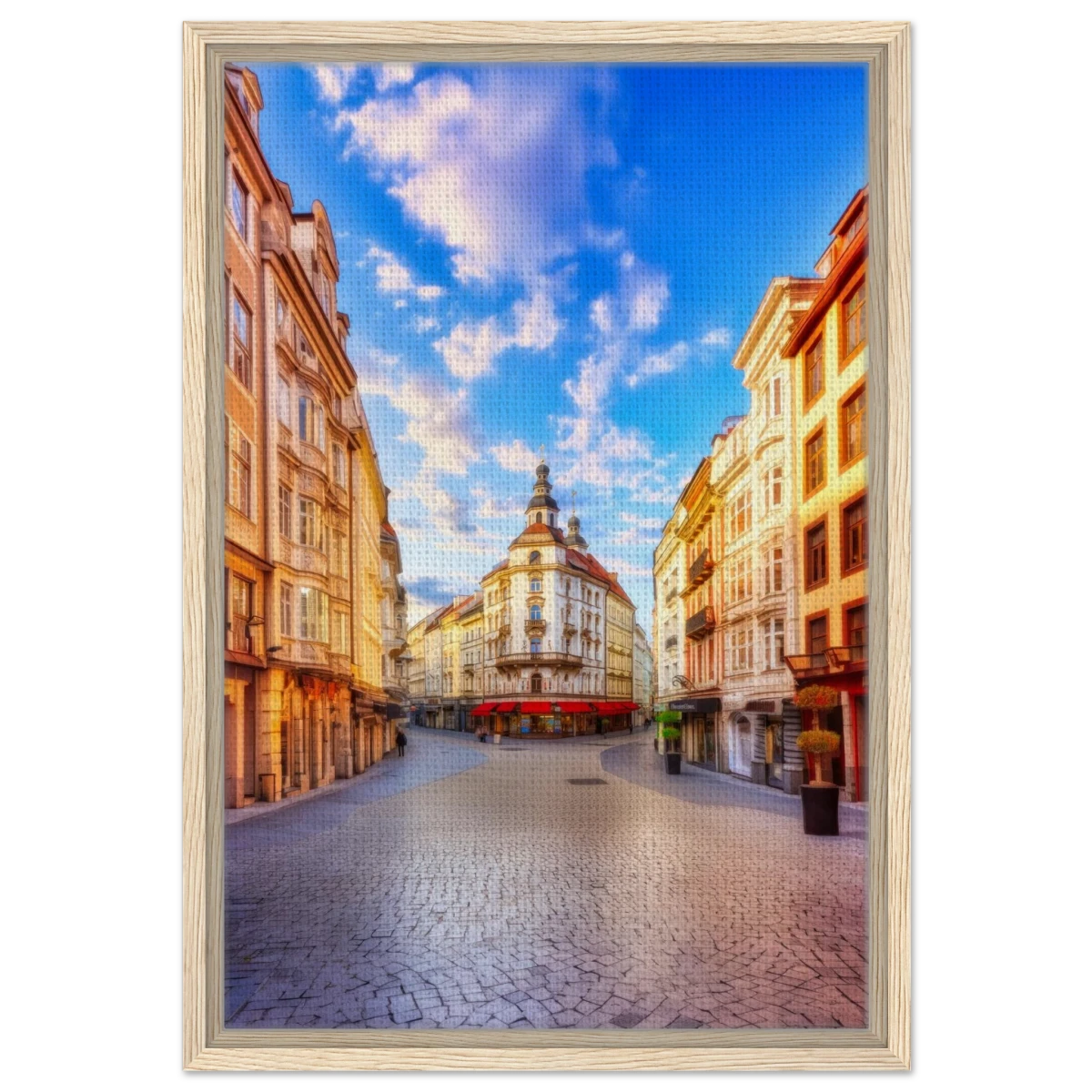 “Sunrise in the Old Town” – European Street Scene Wall Art Print - Framed Canvas - 40x60 cm / 16x24″ - Wood frame