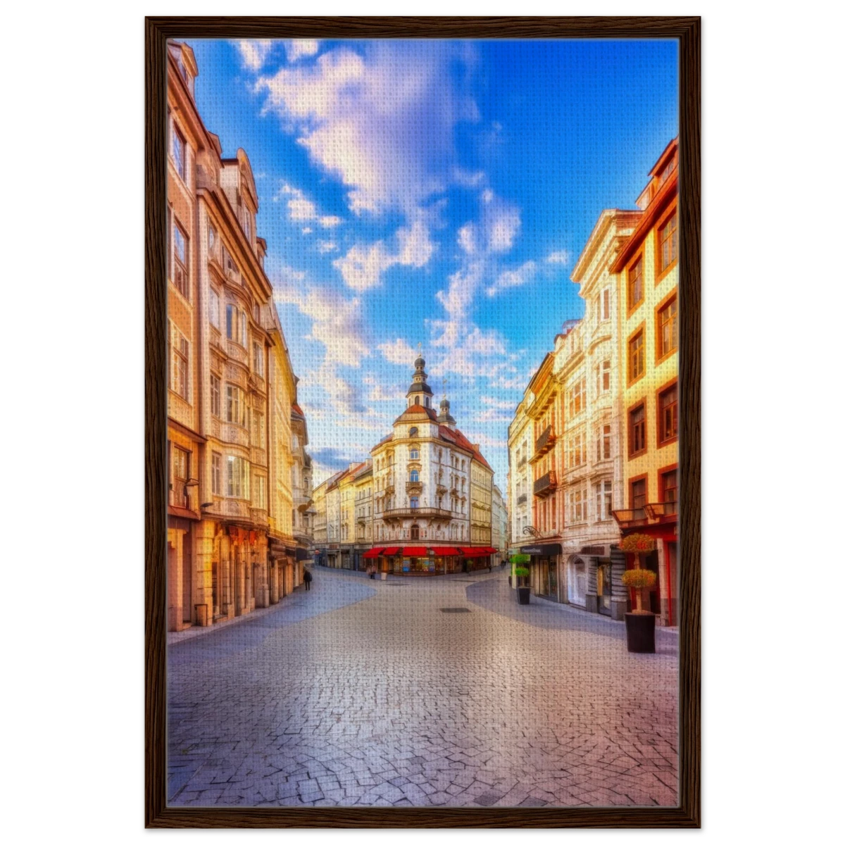 “Sunrise in the Old Town” – European Street Scene Wall Art Print - Framed Canvas - 60x90 cm / 24x36″ - Dark wood frame