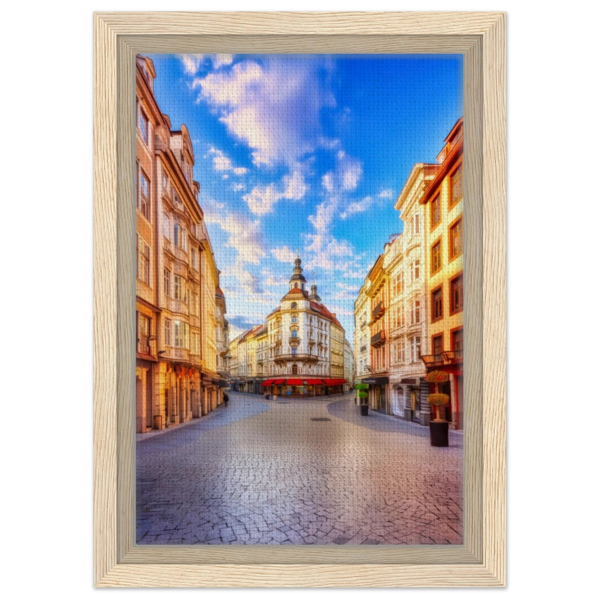 “Sunrise in the Old Town” – European Street Scene Wall Art Print - Framed Canvas - 20x30 cm / 8x12″ - Wood frame