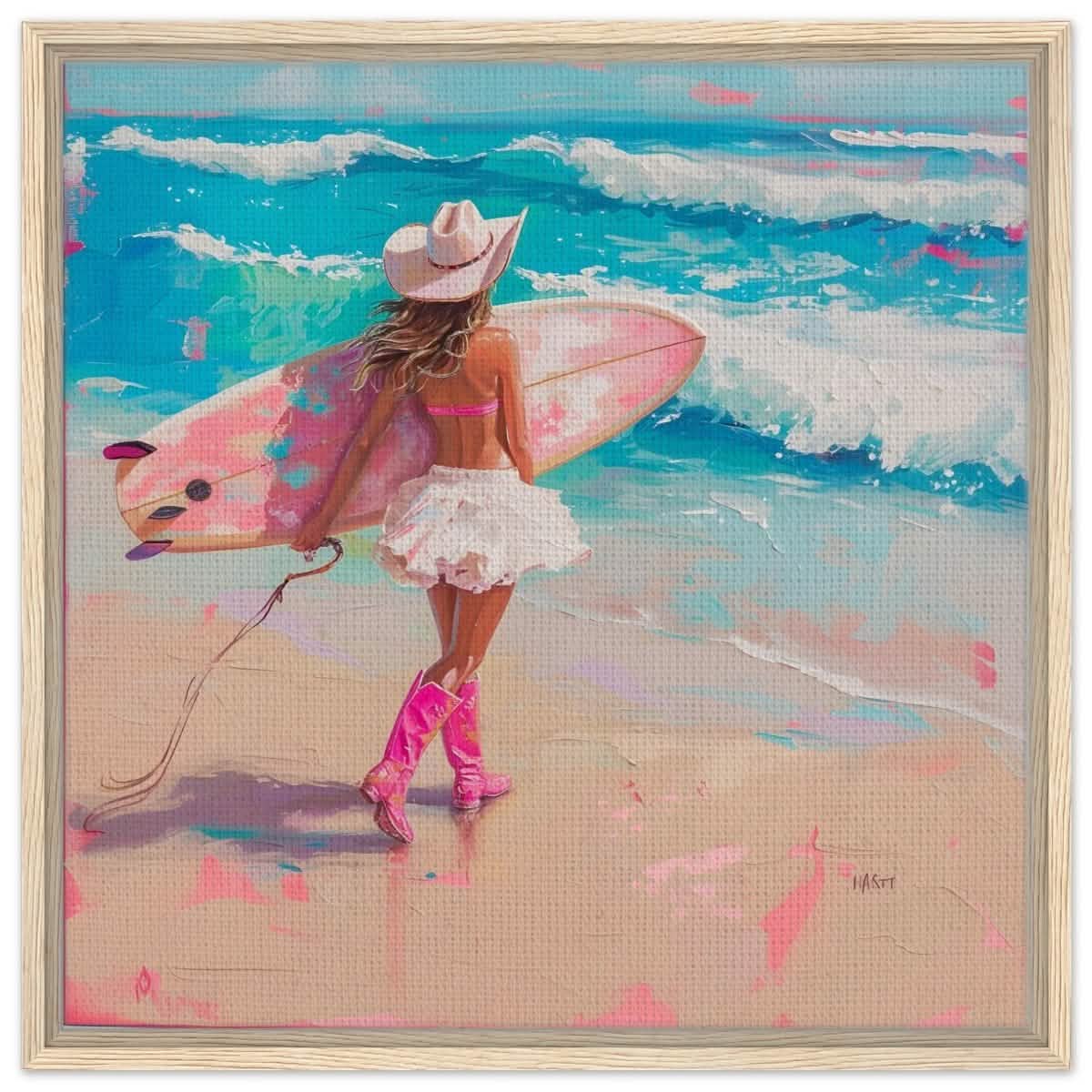 Surfboard & Stetson | Modern Surrealist Art print - Framed Canvas - 60x60 cm / 24x24″ - Wood frame