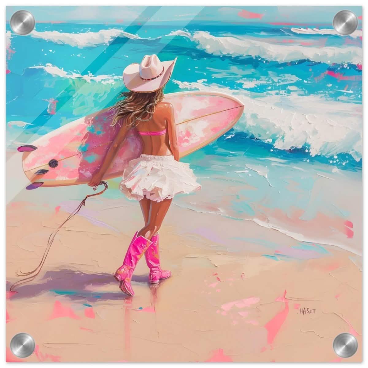 Surfboard & Stetson | Modern Surrealist Art print - Framed Canvas - 30x30 cm / 12x12″ - Black frame