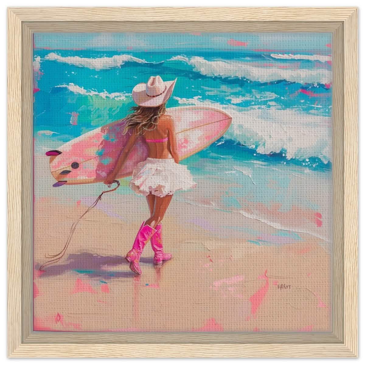 Surfboard & Stetson | Modern Surrealist Art print - Framed Canvas - 30x30 cm / 12x12″ - Wood frame