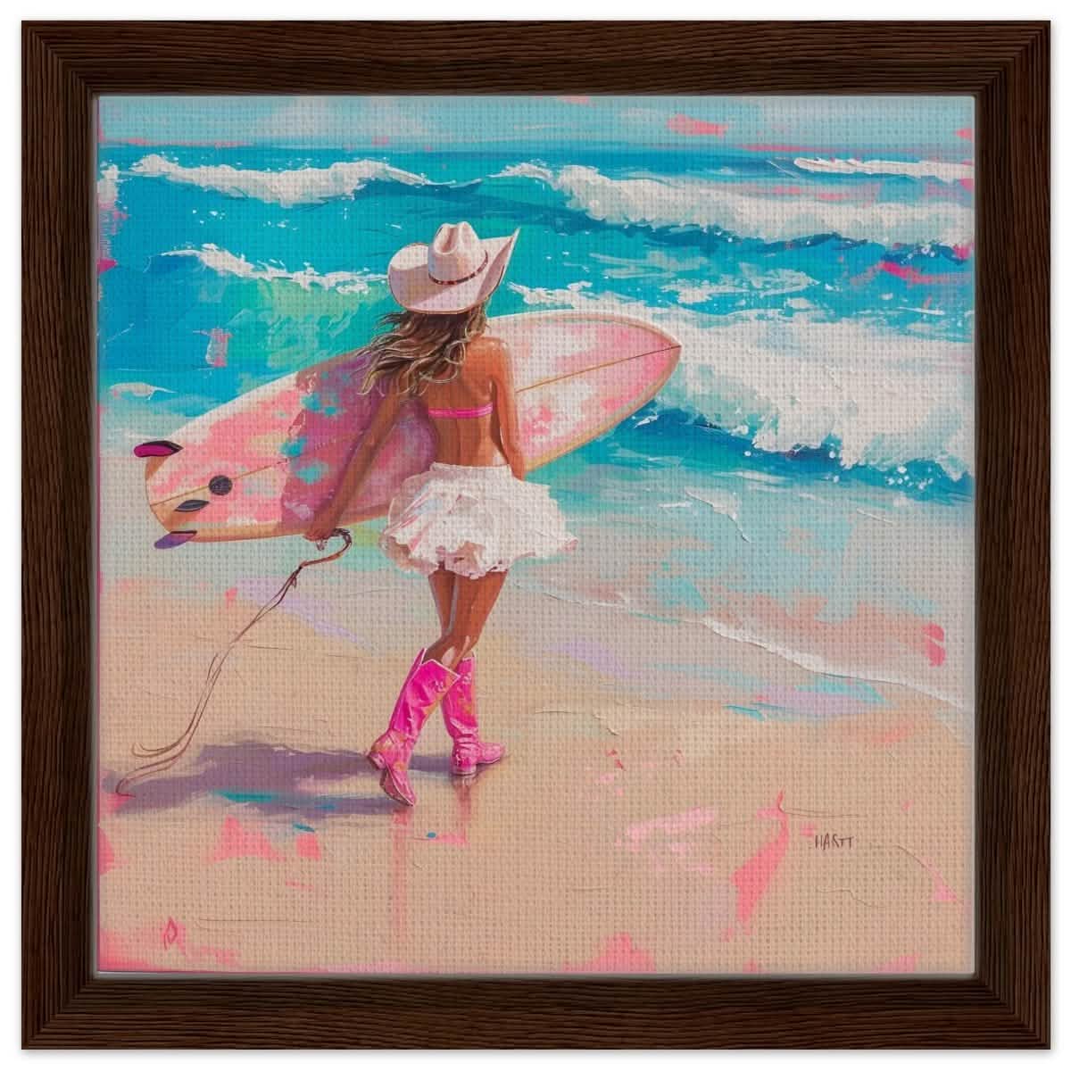 Surfboard & Stetson | Modern Surrealist Art print - Framed Canvas - 30x30 cm / 12x12″ - Dark wood frame