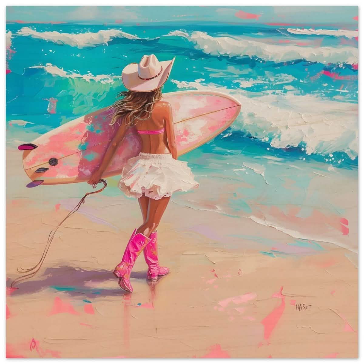 Surfboard & Stetson | Modern Surrealist Art print - Wood Prints - 40x40 cm / 16x16″ -