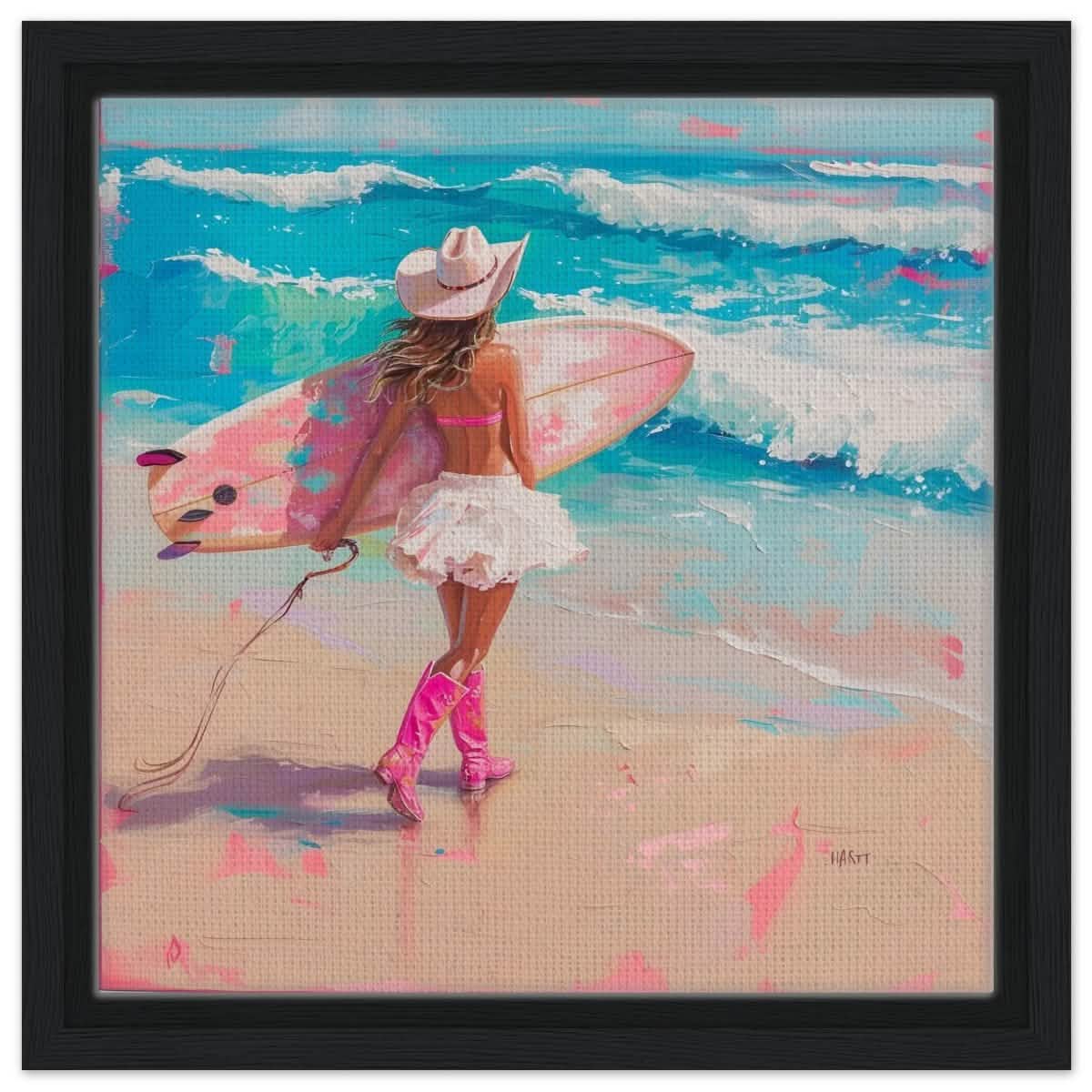Surfboard & Stetson | Modern Surrealist Art print - Framed Canvas - 30x30 cm / 12x12″ - Black frame