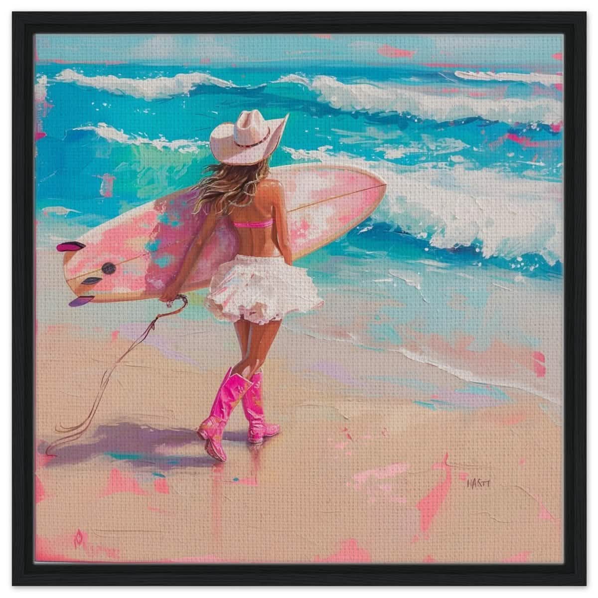 Surfboard & Stetson | Modern Surrealist Art print - Framed Canvas - 60x60 cm / 24x24″ - Black frame