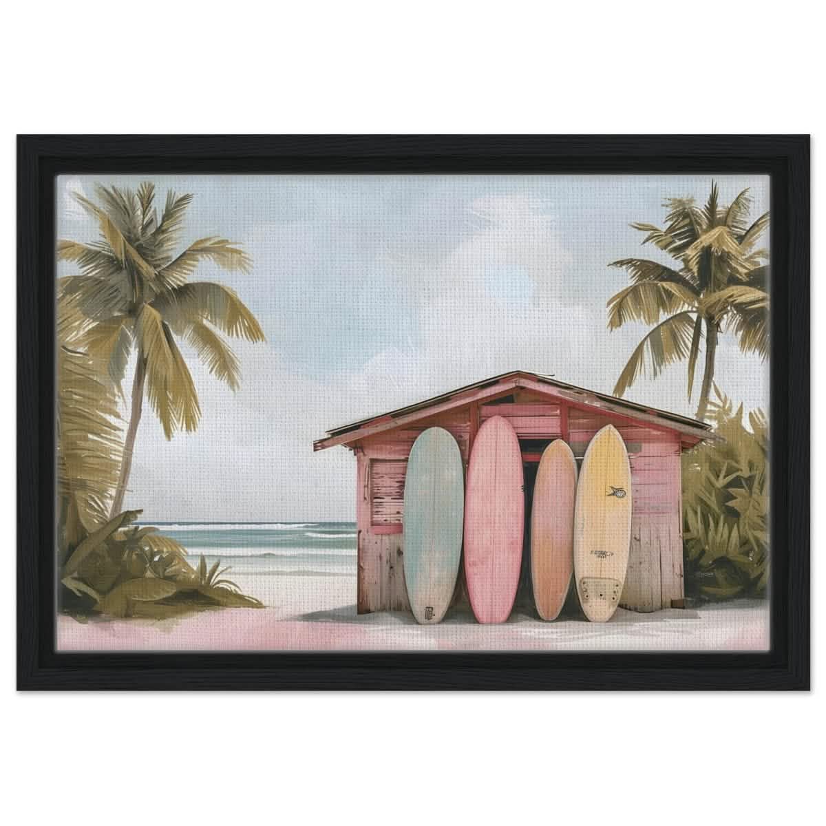Surfside Retreat | Modern Coastal Wall art Print - Framed Canvas - 30x45 cm / 12x18″ - Black frame