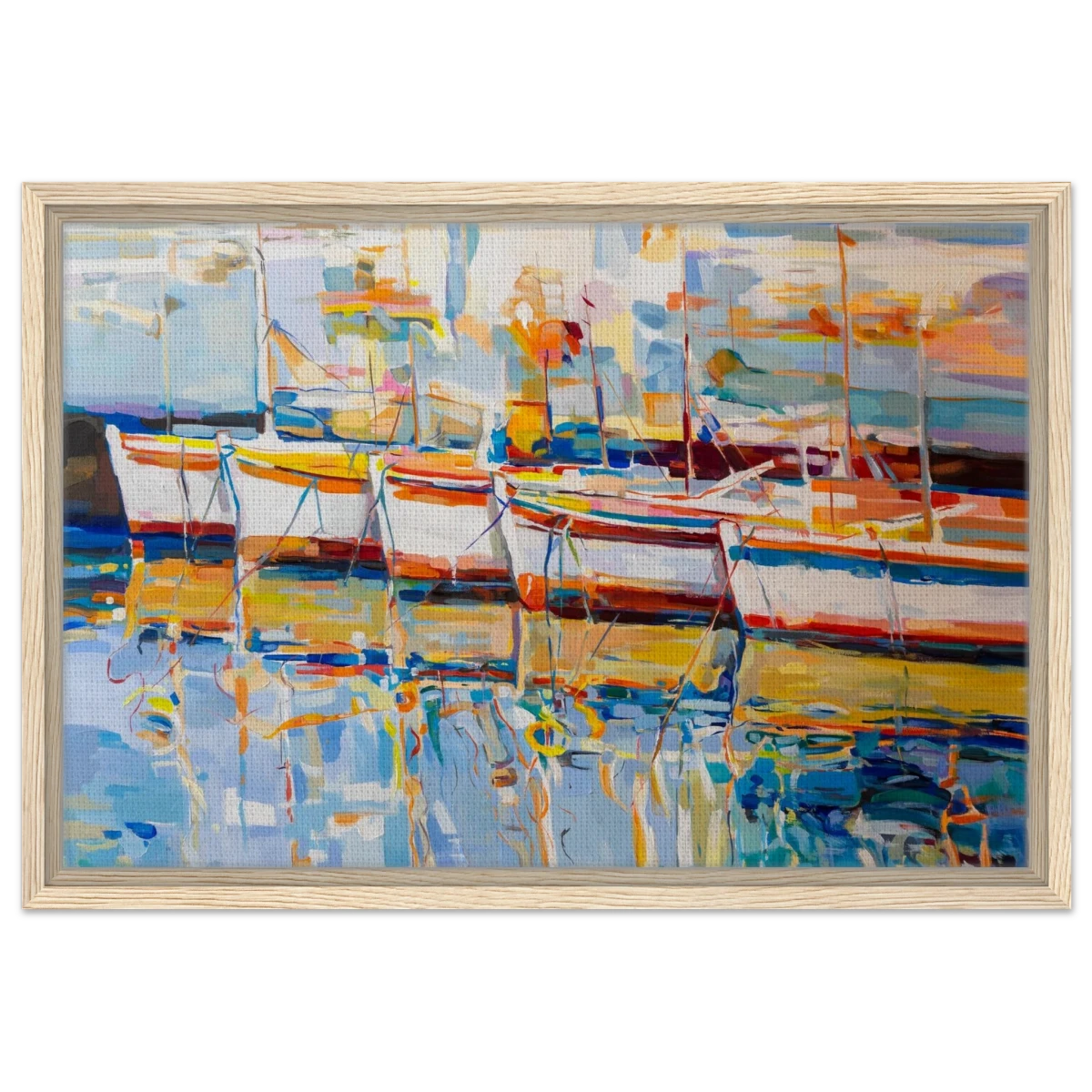 “Symphony of Sails” – Vibrant Reflections in a Seaside Dream | Wall art - Framed Canvas - 40x60 cm / 16x24″ - Wood frame