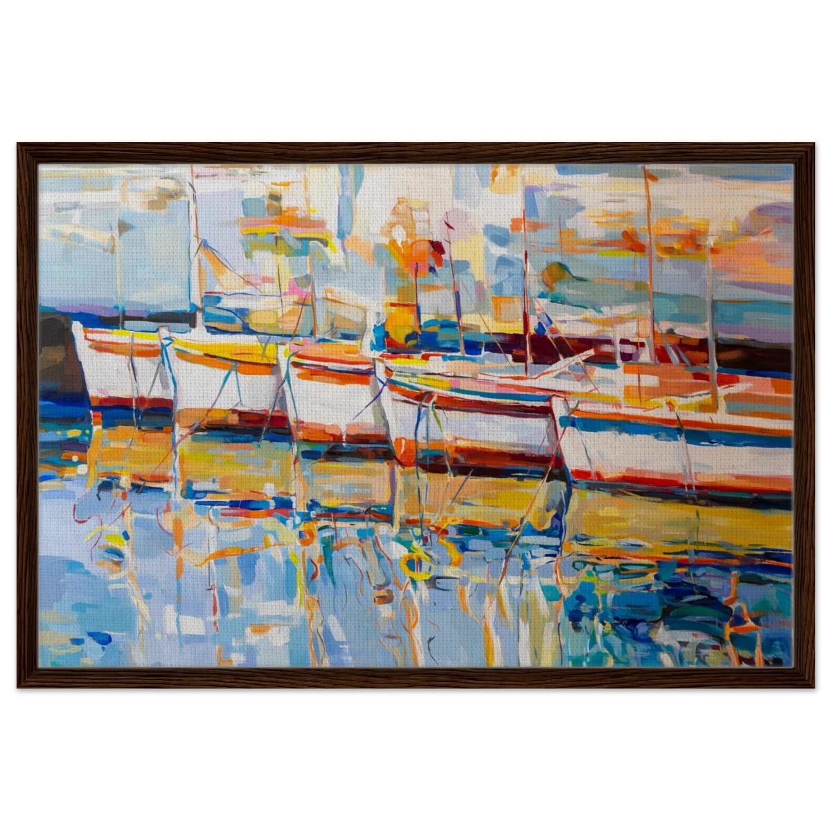 “Symphony of Sails” – Vibrant Reflections in a Seaside Dream | Wall art - Framed Canvas - 60x90 cm / 24x36″ - Dark wood frame