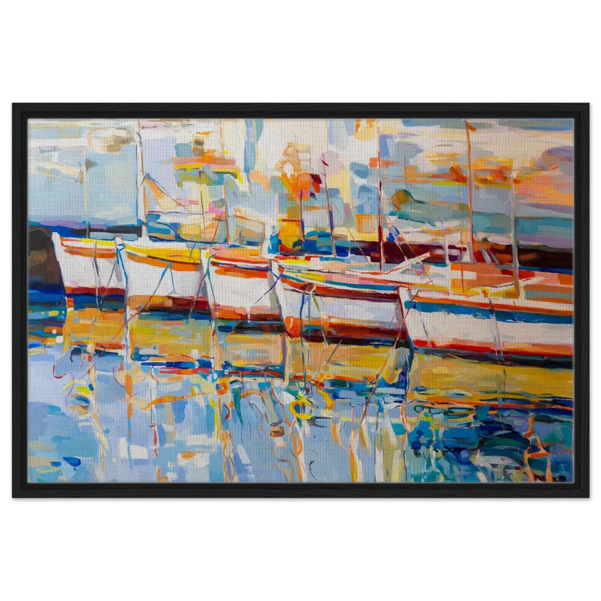 “Symphony of Sails” – Vibrant Reflections in a Seaside Dream | Wall art - Framed Canvas - 60x90 cm / 24x36″ - Black frame