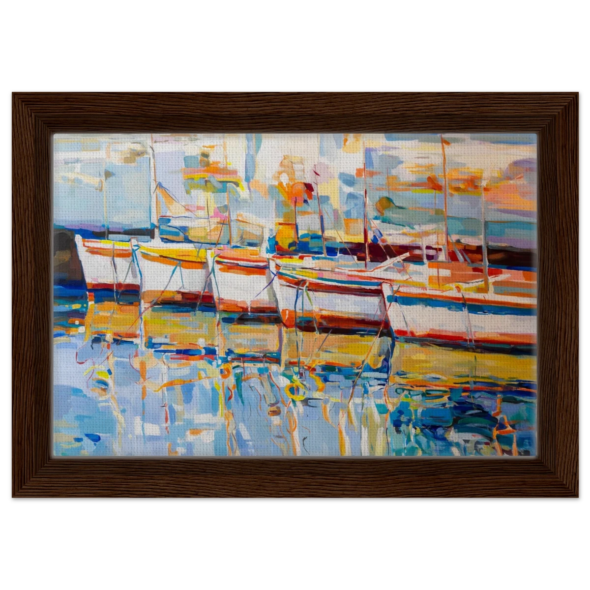 “Symphony of Sails” – Vibrant Reflections in a Seaside Dream | Wall art - Framed Canvas - 20x30 cm / 8x12″ - Dark wood frame