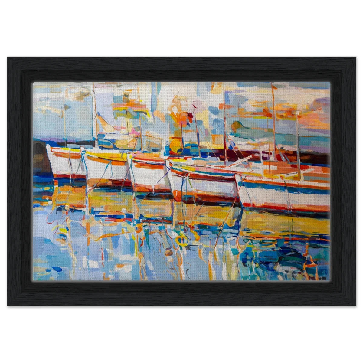 “Symphony of Sails” – Vibrant Reflections in a Seaside Dream | Wall art - Framed Canvas - 20x30 cm / 8x12″ - Black frame