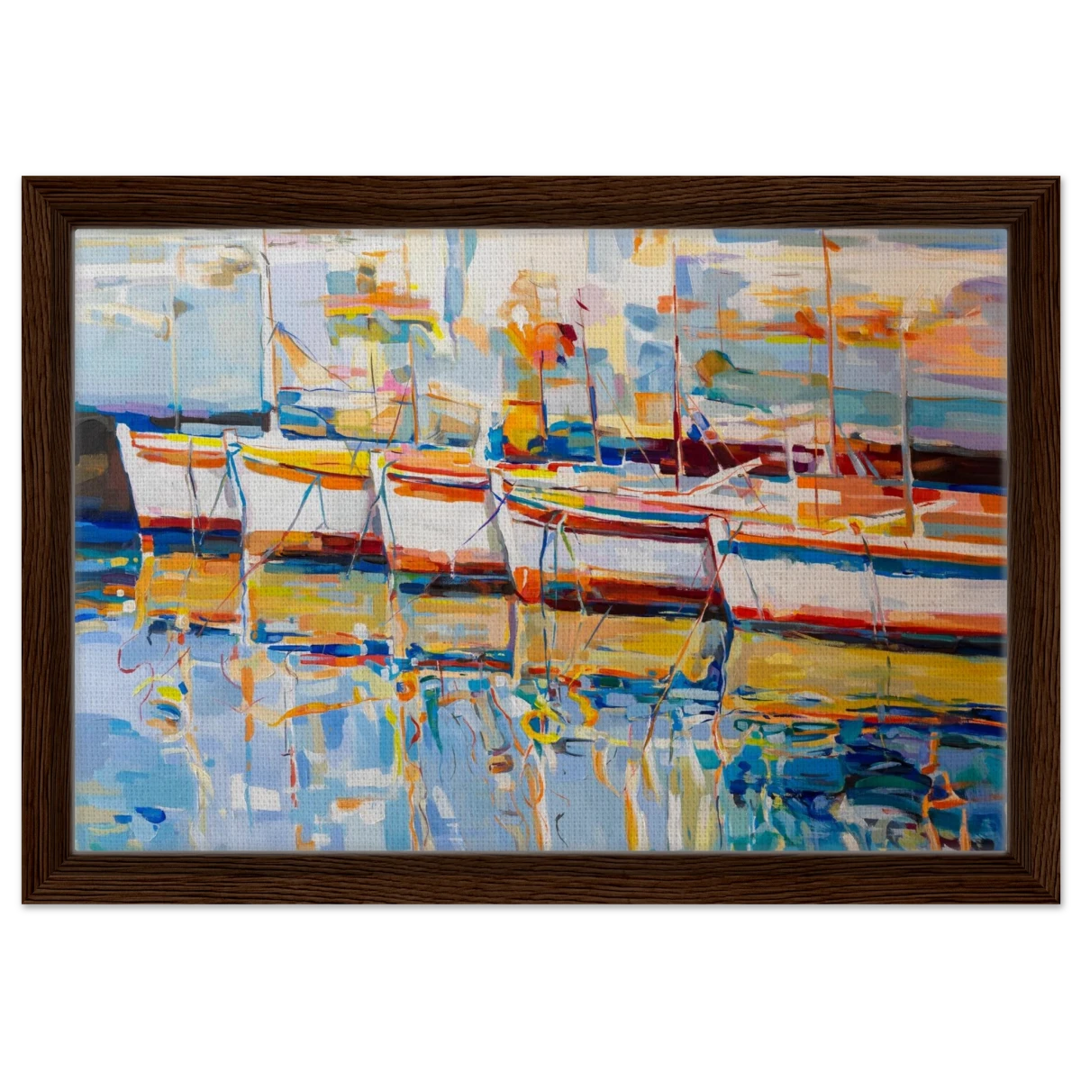 “Symphony of Sails” – Vibrant Reflections in a Seaside Dream | Wall art - Framed Canvas - 30x45 cm / 12x18″ - Dark wood frame