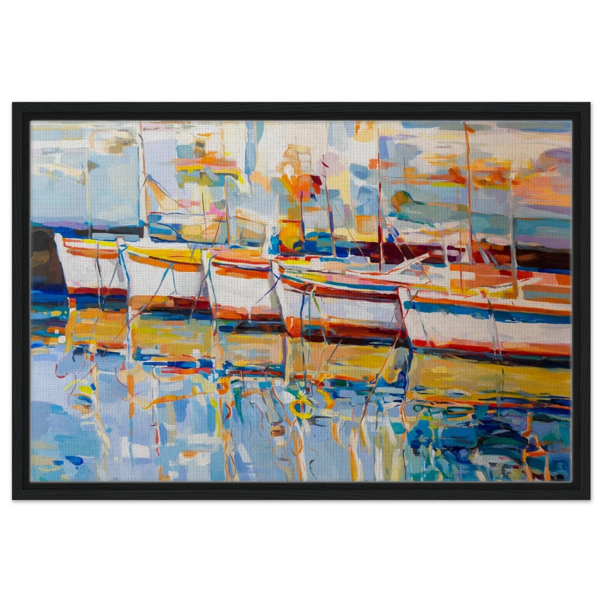 “Symphony of Sails” – Vibrant Reflections in a Seaside Dream | Wall art - Framed Canvas - 50x75 cm / 20x30″ - Black frame