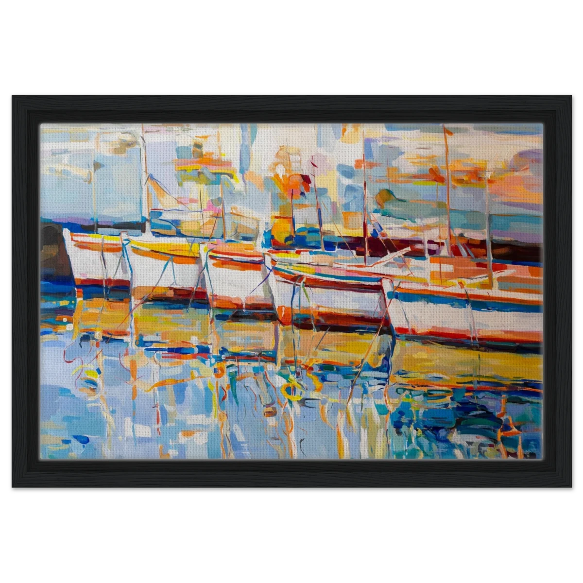 “Symphony of Sails” – Vibrant Reflections in a Seaside Dream | Wall art - Framed Canvas - 30x45 cm / 12x18″ - Black frame