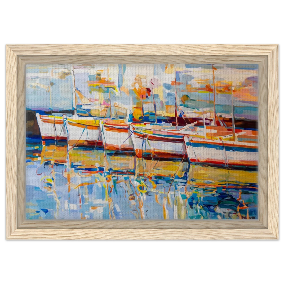 “Symphony of Sails” – Vibrant Reflections in a Seaside Dream | Wall art - Framed Canvas - 20x30 cm / 8x12″ - Wood frame